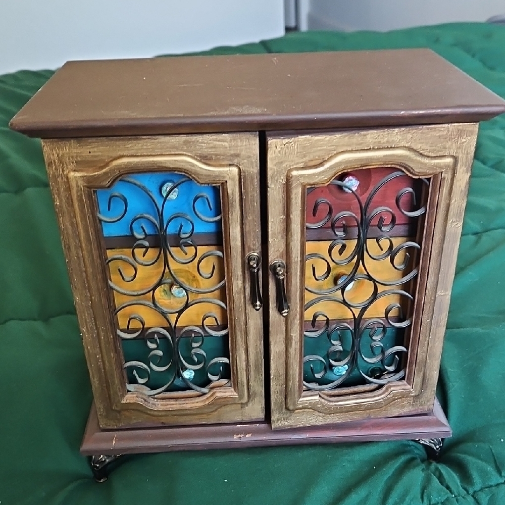 Multicolor Wooden Jewelry Box  with Decorative Doors Table Top .up Cycled